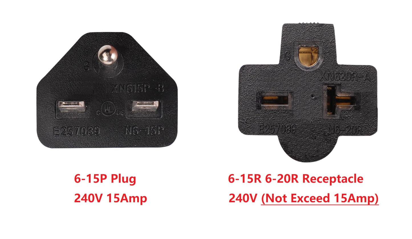 NEMA 6-15P to 6-15R 6-20R 240V 15Amp 3 Prong Plug to 3 Prong Female Outlet Receptacle Generator Welder RV Dryer EV Charger Power Cord Adapter