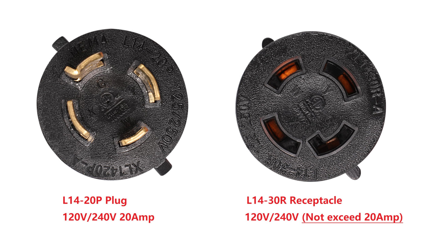 NEMA L14-20P to L14-30R 120V/240V 20 Amp Twist Lock 4 Prong Plug to 4 Prong Female Outlet Receptacle Generator RV Welder Dryer EV Charger Power Cord Adapter