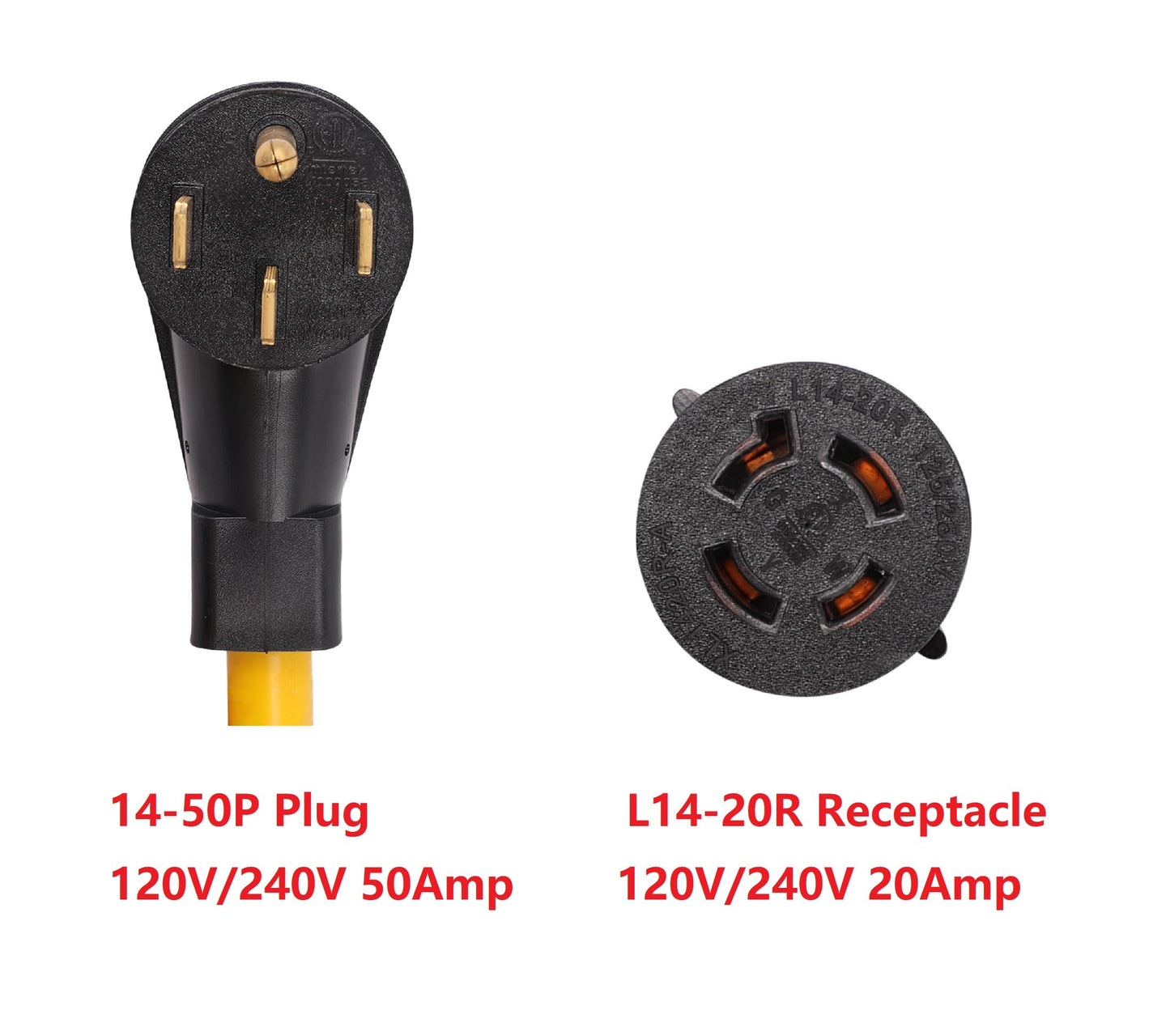 NEMA 14-50P to L14-20R 120V/240V 20Amp 4 Prong Plug Male to Twist Lock 4 Prong Female Receptacle RV Generator Power Cord Adapter
