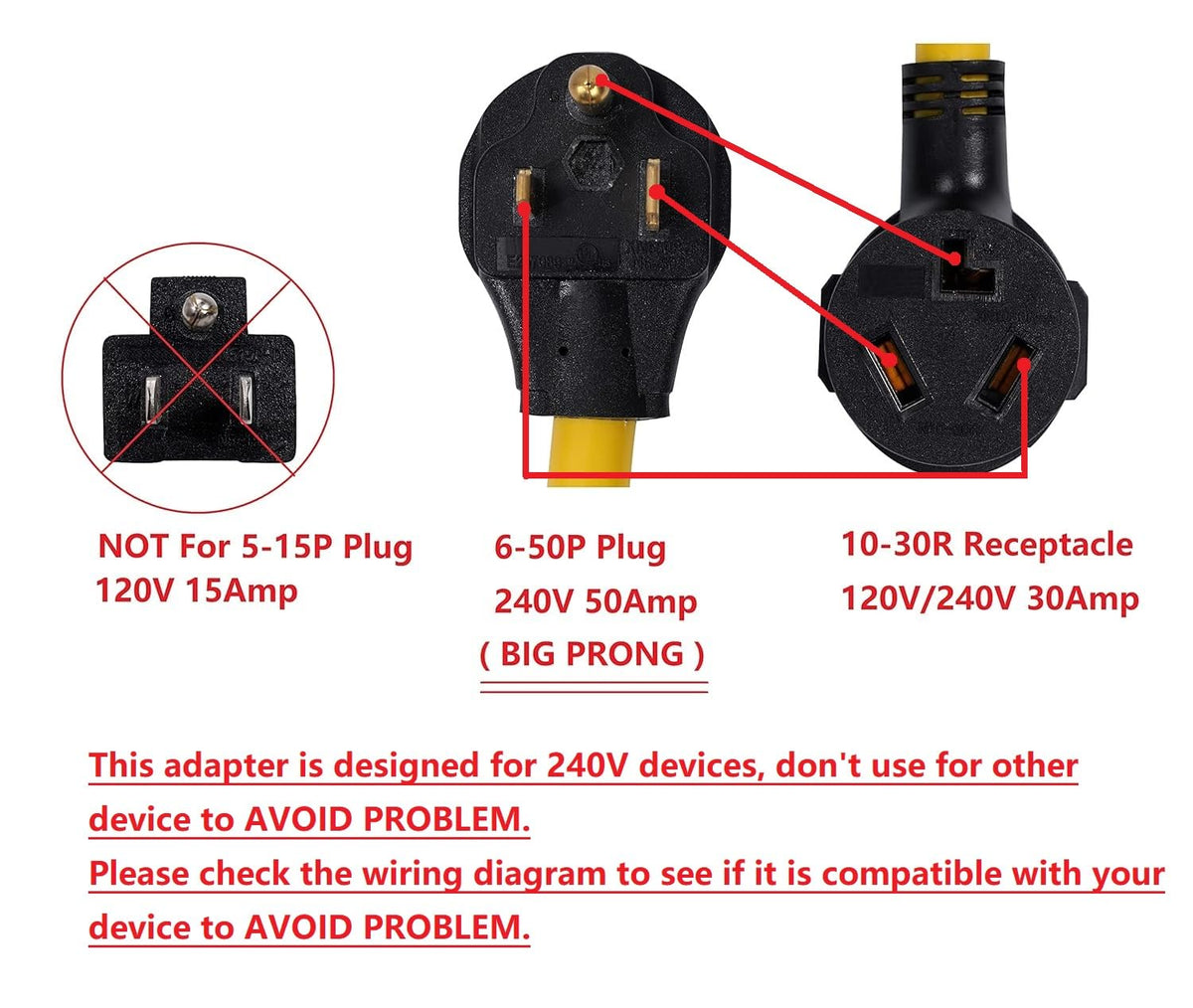ONETAK NEMA 6-50P to 10-30R 240V 30 Amp 3 Prong Male Plug to 3 Prong Female Outlet Receptacle Generator Welder Dryer Power Cord Adapter