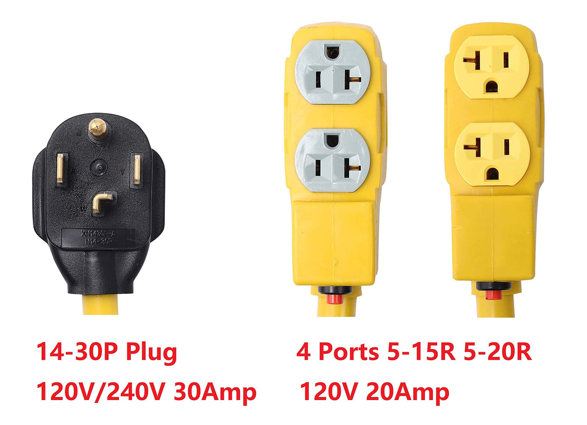 ONETAK NEMA 14-30P to 4 outlet Port 5-15R 5-20R 1.5 FT 10 AWG W/Current Protector 120/240V 30 Amp 4 Prong Male Plug to 120V 20 Amp 3 Prong Female Receptacle RV Generator Power Cord Adapter
