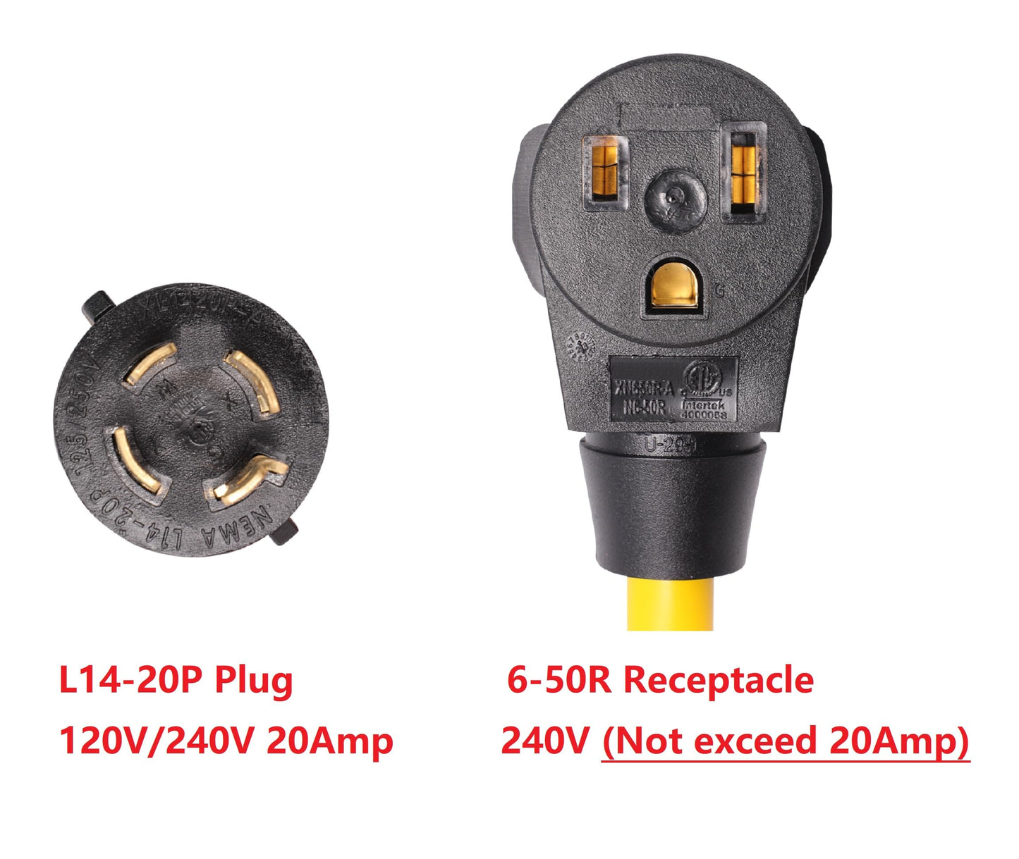 NEMA L14-20P to 6-50R 240V 20 Amp Twist Lock 4 Prong Plug to 3 Prong Female Outlet Receptacle Generator RV Welder Dryer EV Charger Power Cord Adapter