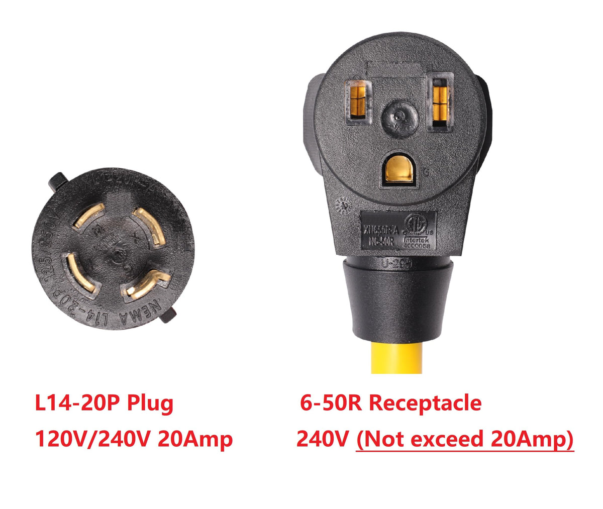 NEMA L14-20P to 6-50R 240V 20 Amp Twist Lock 4 Prong Plug to 3 Prong Female Outlet Receptacle Generator RV Welder Dryer EV Charger Power Cord Adapter