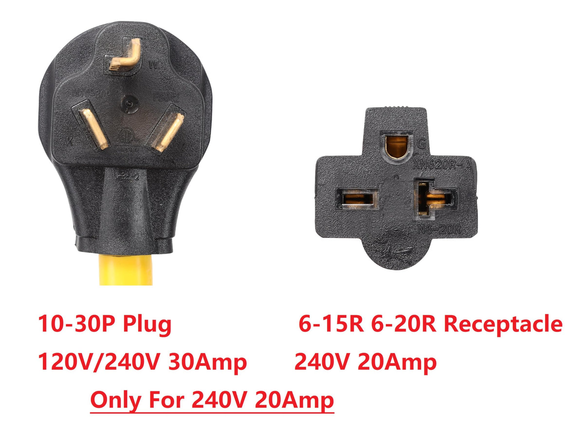 ONETAK NEMA 10-30P to 6-15R 6-20R 240V 30 Amp Prong Male Plug to 20 Amp 3 Prong Female Outlet Receptacle Generator Welder Dryer EV Charger Power Cord Adapter
