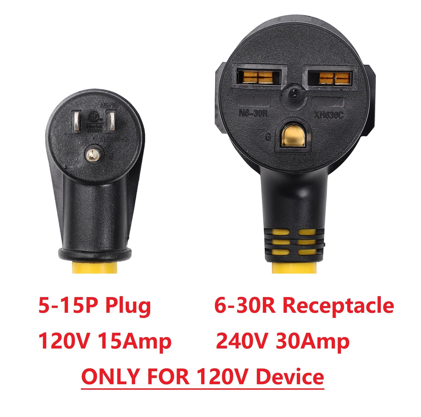 ONETAK NEMA Right Angle 5-15P to 6-30R 120V 15 Amp 3 Prong Male Plug to 3 Prong Female Receptacle Dryer Welder Power Cord Adapter