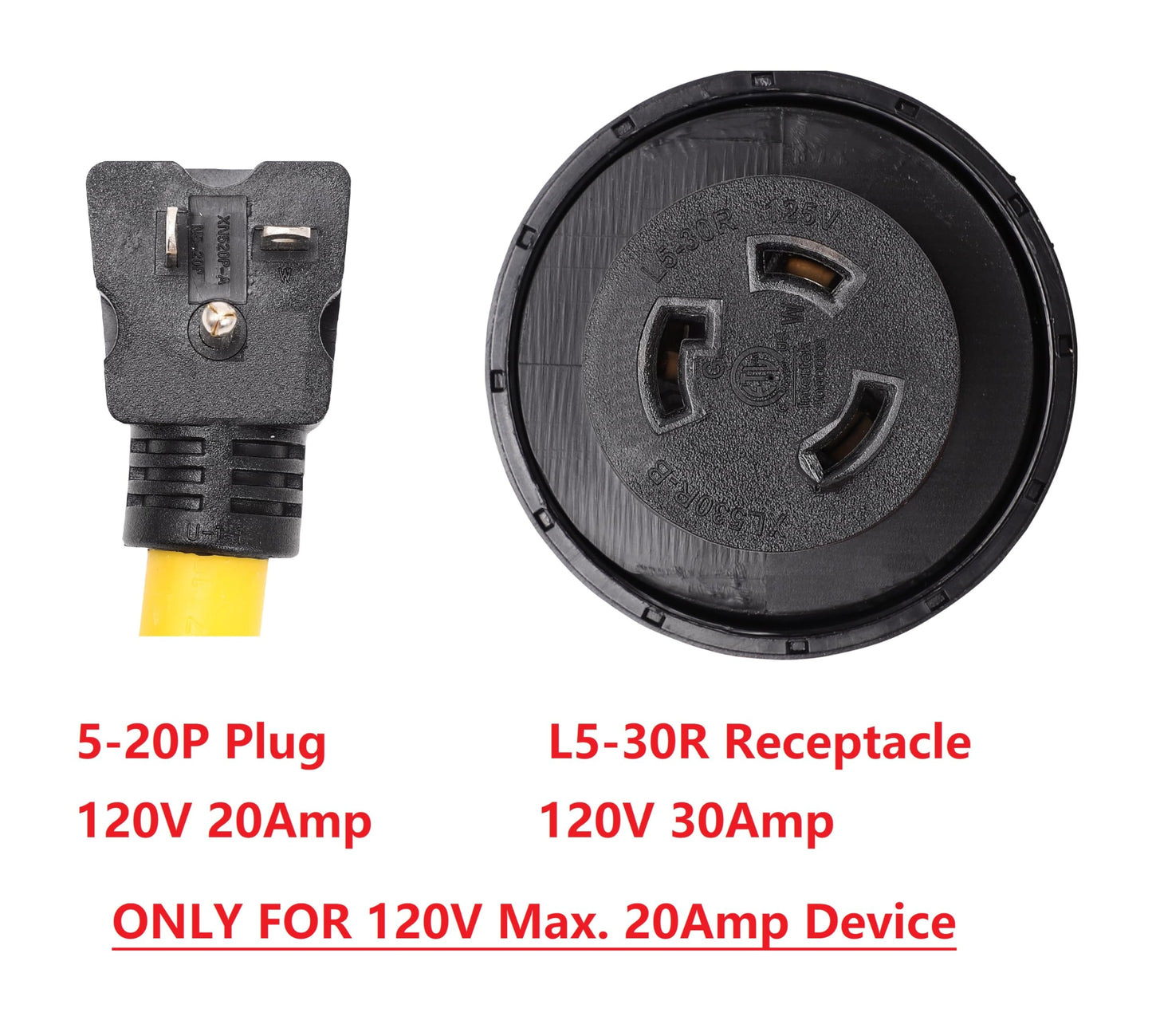 ONETAK NEMA Right Angle 5-20P to L5-30R 120V 20 Amp 3 Prong Male Plug to 3 Prong Female Receptacle Dryer Welder Power Cord Adapter