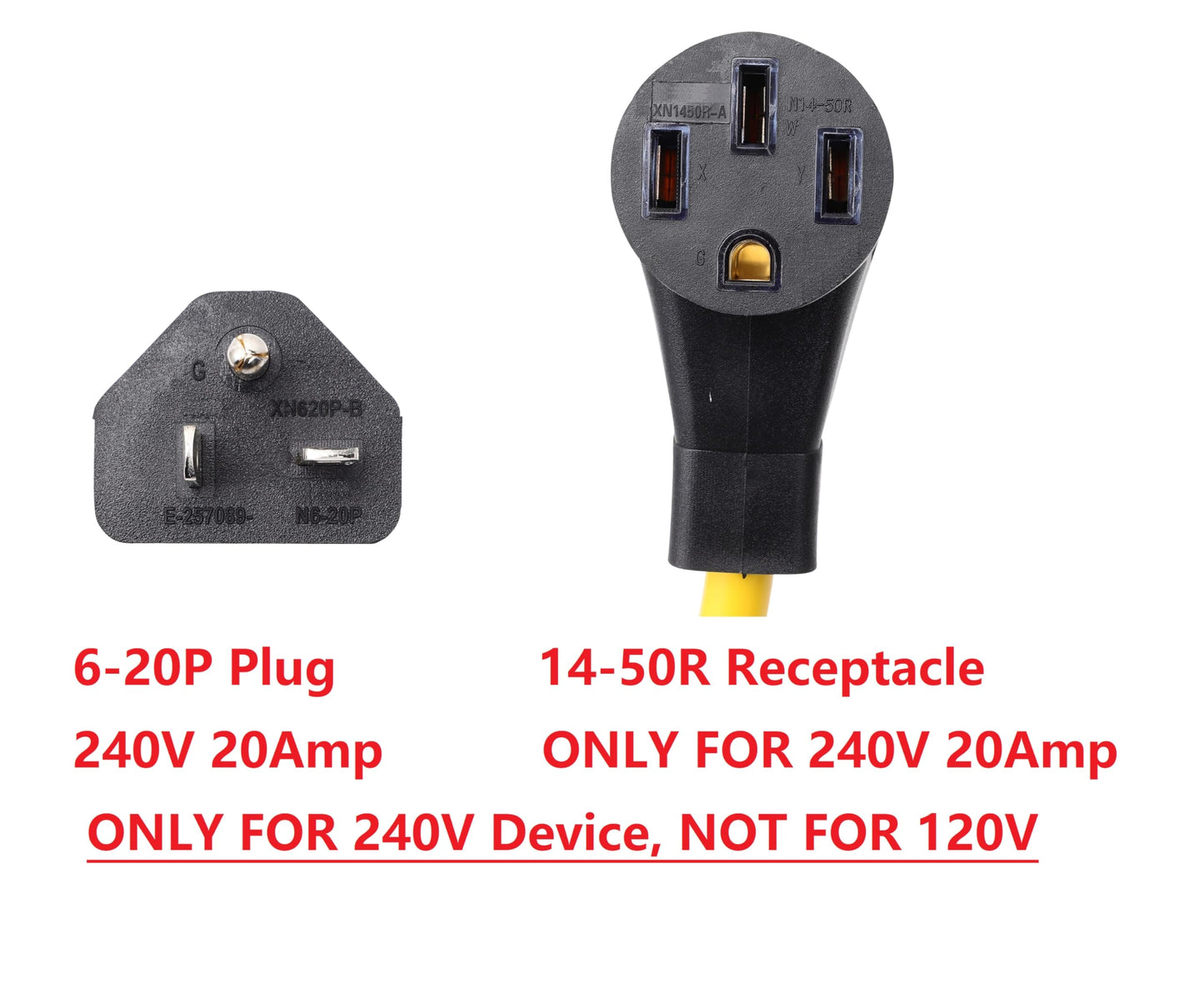 ONETAK NEMA 6-20P to 14-50R 240V 20 Amp 3 Prong Male Plug to 50 Amp 4 Prong Female Receptacle Welder Generator Dryer EV Charger Only for 240V Device Power Cord Adapter Connector