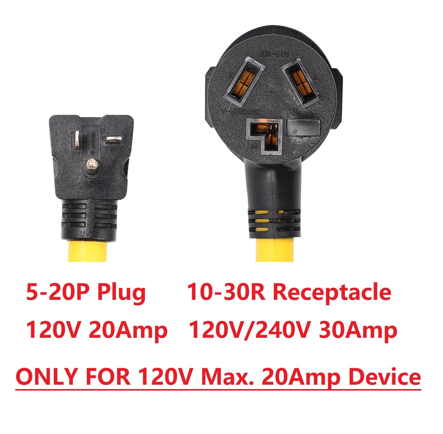 ONETAK NEMA Right Angle 5-20P to 10-30R 120V 20 Amp 3 Prong Male Plug to 3 Prong Female Receptacle Dryer Welder Power Cord Adapter