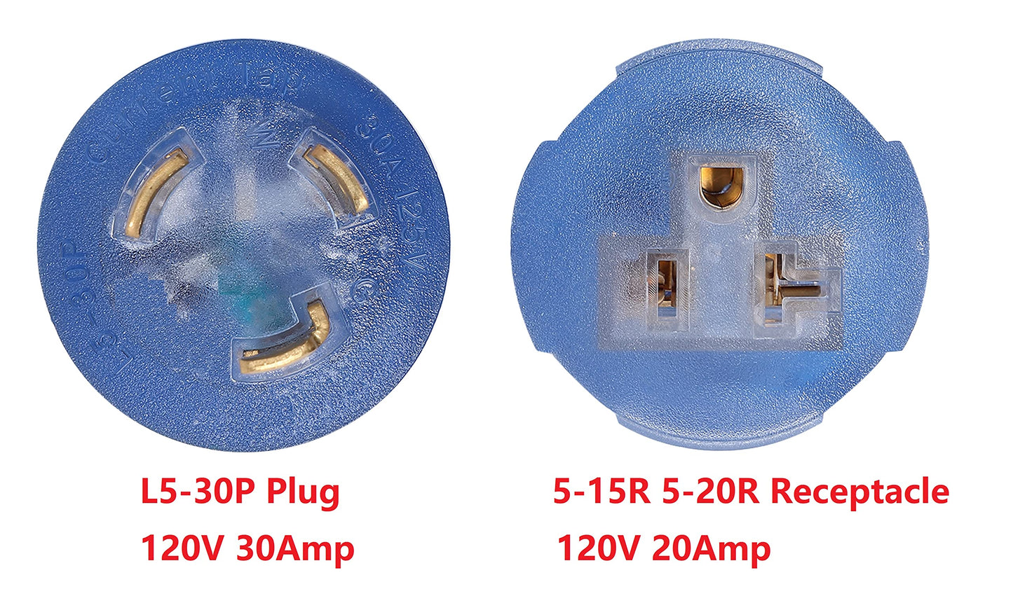 ONETAK NEMA L5-30P to 5-15R 5-20R Compact 120V 30 Amp Twist Lock 3 Prong Male Plug to 120V 20 Amp 3 Prong Female Receptacle Generator Welder Dryer Power Cord Adapter Connector