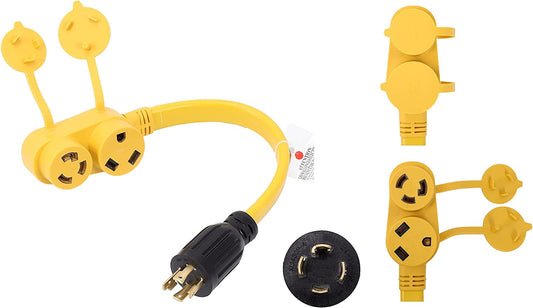 NEMA L14-30P to L5-30R/TT-30R Splitter 2 Outlet 120V 30 Amp 1.5 FT 10 AWG 4 Prong Male Plug to 3 Prong Twist Lock Female Receptacle RV Generator Power Cord Adapter