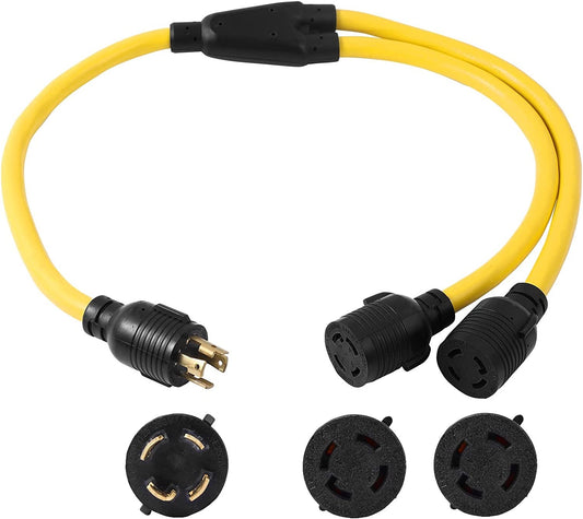 NEMA L14-30P to 2 Outlet Port L14-30R Y Splitter Twist Lock 10 AWG 120V/240V 30 Amp 4 Prong Male Plug Female Receptacle Generator Power Cord Adapter