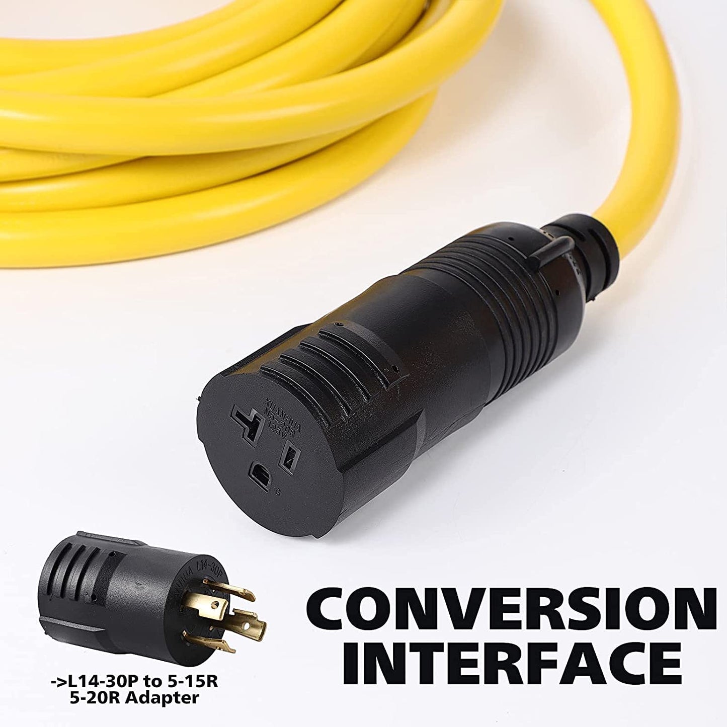 25 Feet 10AWG SJTW NEMA L14-30P to L14-30R 125/250V 30Amp Twist Lock 4 Prong Male Plug Female Receptacle Generator RV EV Dryer Welder Extension Cord With L14-30P to 5-15R 5-20R Adapter Cable Organizer