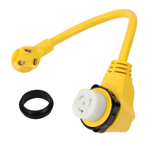 ONETAK TT-30P to SS2-50R Right Angle 90 Degree 120V 30 Amp 3 Prong Male to 4 Prong Twist Lock Receptacle Generator RV Marine Shore Boat Power Cord Adapter