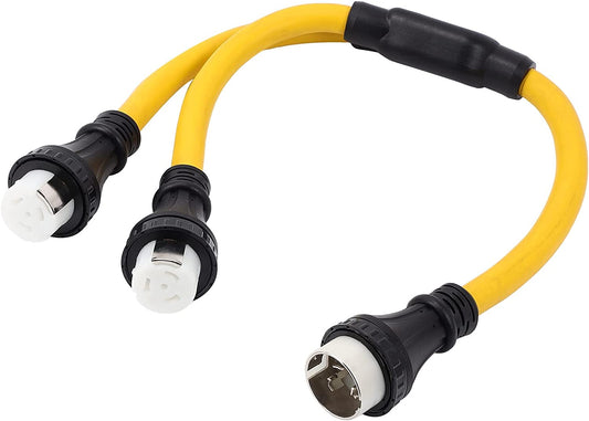 NEMA SS2-50P to 2 Outlet SS2-50R Y Splitter STW 6 AWG 3 Feet 120V/240V 50 Amp Marine Shore Twist Lock 4 Prong Male Plug to 4 Prong Female Outlet Receptacle Generator Welder Dryer RV