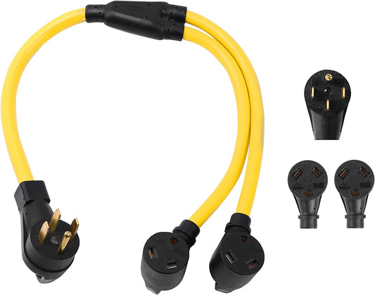 NEMA 14-50P to 2 Outlet Port TT-30R Y Splitter Twist Lock 10 AWG 120V/240V 30 Amp 4 Prong Male Plug 3 Prong Female Receptacle RV Generator Power Cord Adapter