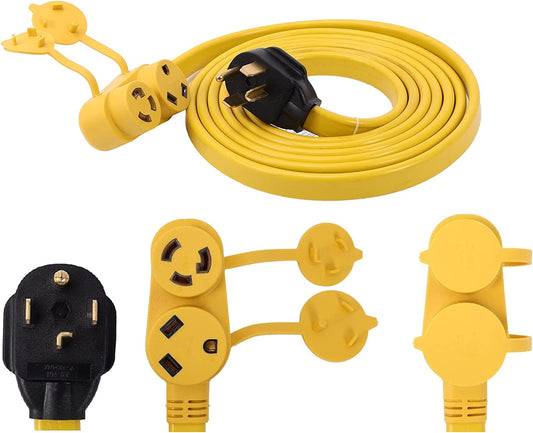 NEMA 14-30P to L5-30R/TT-30R Splitter 2 Outlet 120V 30 Amp 15 FT 10 AWG 4 Prong Male Plug to 3 Prong Twist Lock Female Receptacle RV Generator Power Cord Adapter