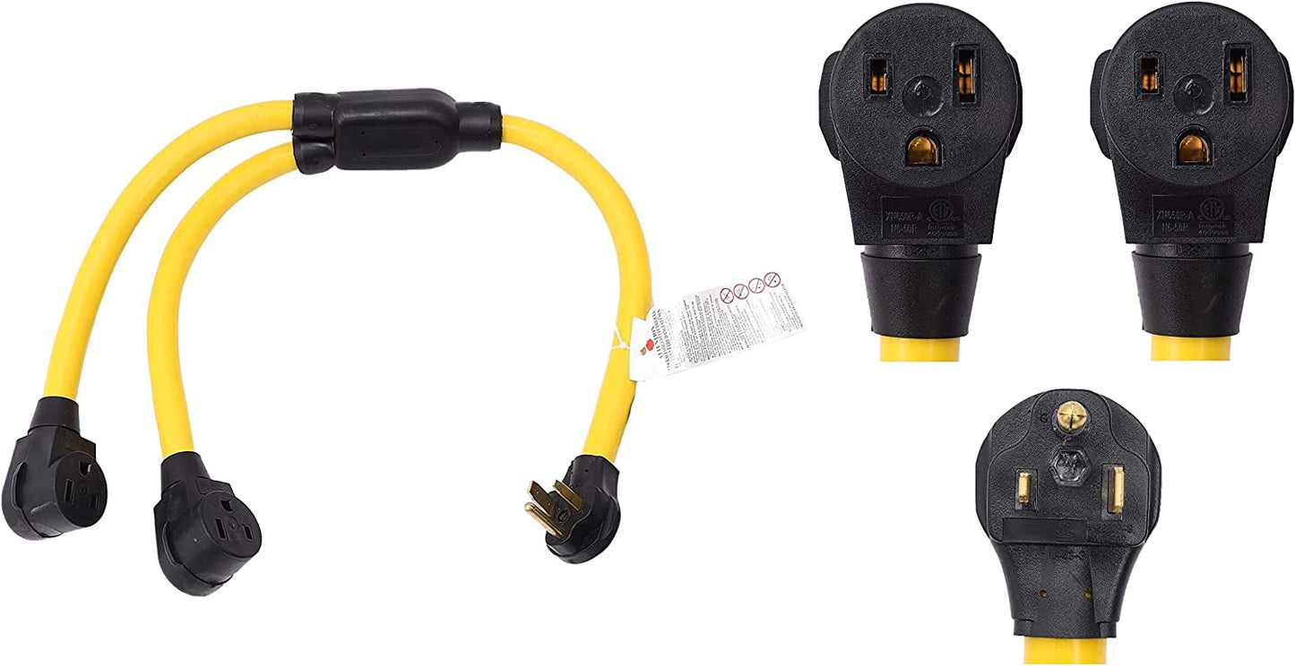 NEMA 6-50P to 2 Outlet 6-50R Y Splitter STW 6 AWG 3 Feet 240V 50 Amp 3 Prong Male Plug Female Receptacle Welder EV Charger Dryer RV Power Cord Adapter