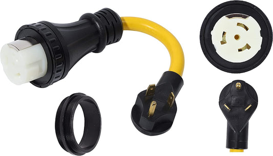 ONETAK NEMA TT-30P to SS2-50R Twist Lock 10 AWG 120V/240V Two Hots Bridged 30 Amp 4 Prong Male Plug Female Receptacle RV Generator Marine Shore Power Cord Adapter