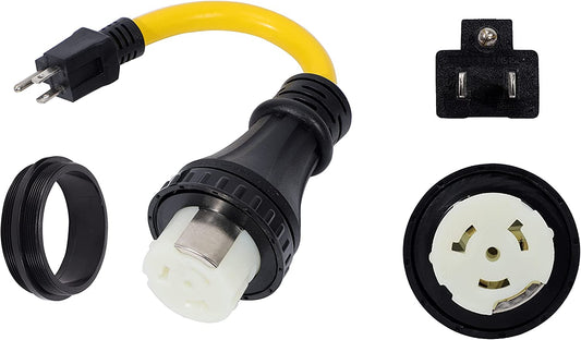 ONETAK NEMA 5-15P to SS2-50R Twist Lock 10 AWG 120V/240V Two Hots Bridged 15 Amp 4 Prong Male Plug Female Receptacle RV Generator Marine Shore Power Cord Adapter