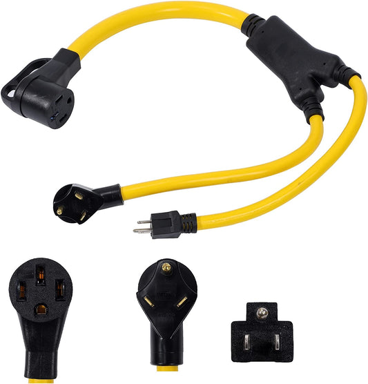 ONETAK NEMA 5-15P TT-30P 120V 3 Prong Plug Male to 14-50R 120/240V 50Amp 4 Prong Female Receptacle Y Combiner STW 3 Feet Welder Dryer Power Cord Adapter Connector