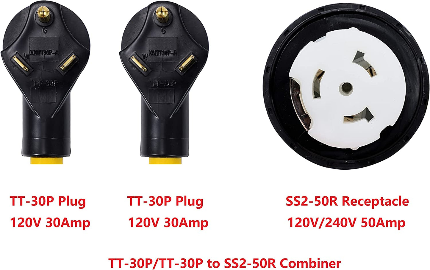 ONETAK NEMA 2 Port TT-30P 120V 30 Amp 3 Prong Plug Male to SS2-50R Twist Lock 120/240V 50Amp 4 Prong Female Receptacle Y Combiner STW 3 Feet Welder Dryer Power Cord Adapter Connector