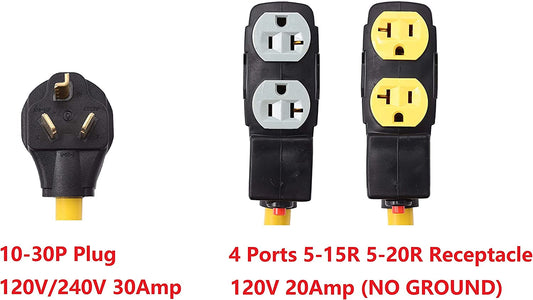 ONETAK NEMA 10-30P to 4 Outlet Port 5-15R 5-20R 1.5 FT 10 AWG W/Current Protector 120/240V 3 Prong Male Plug to 120V 20 Amp Home Appliance 3 Prong Female Receptacle RV Generator Power Cord Adapter