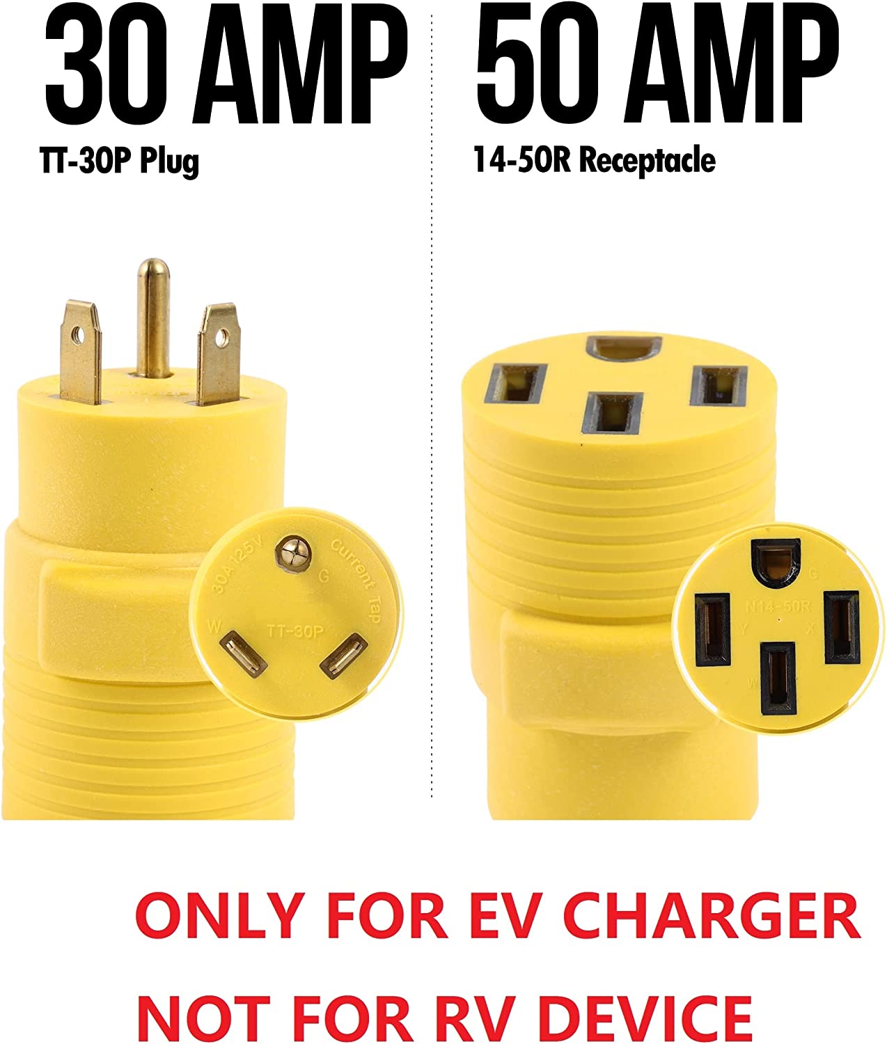 ONETAK NEMA TT-30P to 14-50R Compact 120V 30 Amp 3 Prong Male Plug to 50 Amp 4 Prong Female Receptacle EV Charger Compatible Tesla Power Cord Adapter Connector