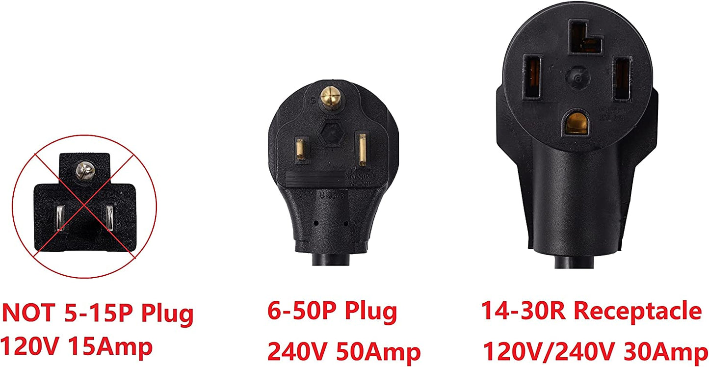 ONETAK NEMA 6-50P to 14-30R 240V 50 Amp 3 Prong Male Plug to 4 Prong Female Receptacle Generator Welder Dryer EV Charger Power Cord Adapter Connector