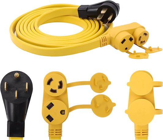 NEMA 14-50P to L5-30R/TT-30R Splitter 2 Outlet 120V 30 Amp 15 FT 10 AWG 4 Prong Male Plug to 3 Prong Twist Lock Female Receptacle RV Generator Power Cord Adapter