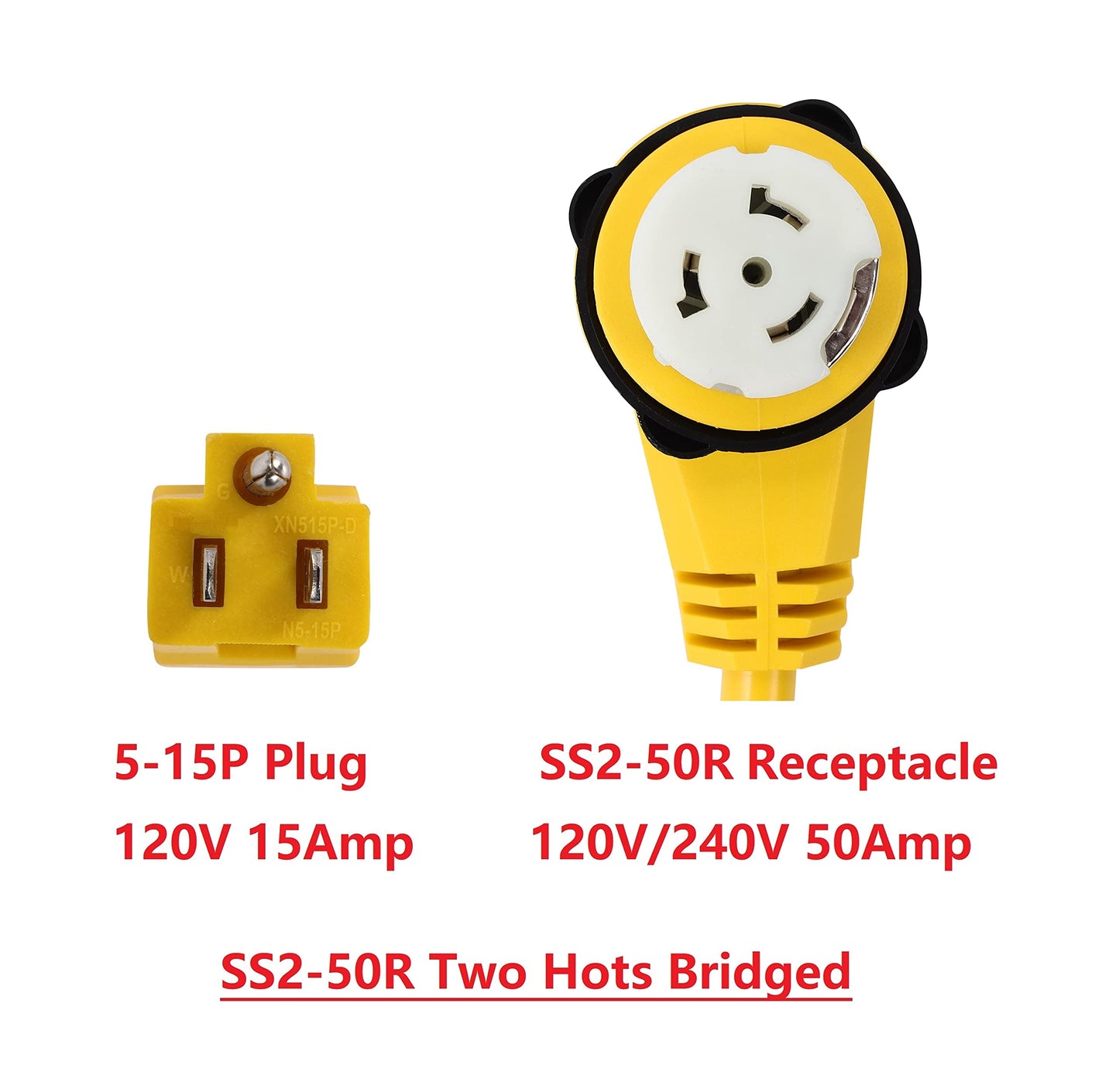 ONETAK 5-15P to SS2-50R Right Angle 90 Degree 120V 15 Amp 3 Prong Male to 4 Prong Twist Lock Receptacle Generator RV Marine Shore Boat Power Cord Adapter