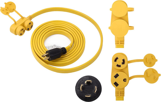 NEMA L14-30P to L5-30R/TT-30R Splitter 2 Outlet 120V 30 Amp 15 FT 10 AWG 4 Prong Male Plug to 3 Prong Twist Lock Female Receptacle RV Generator Power Cord Adapter