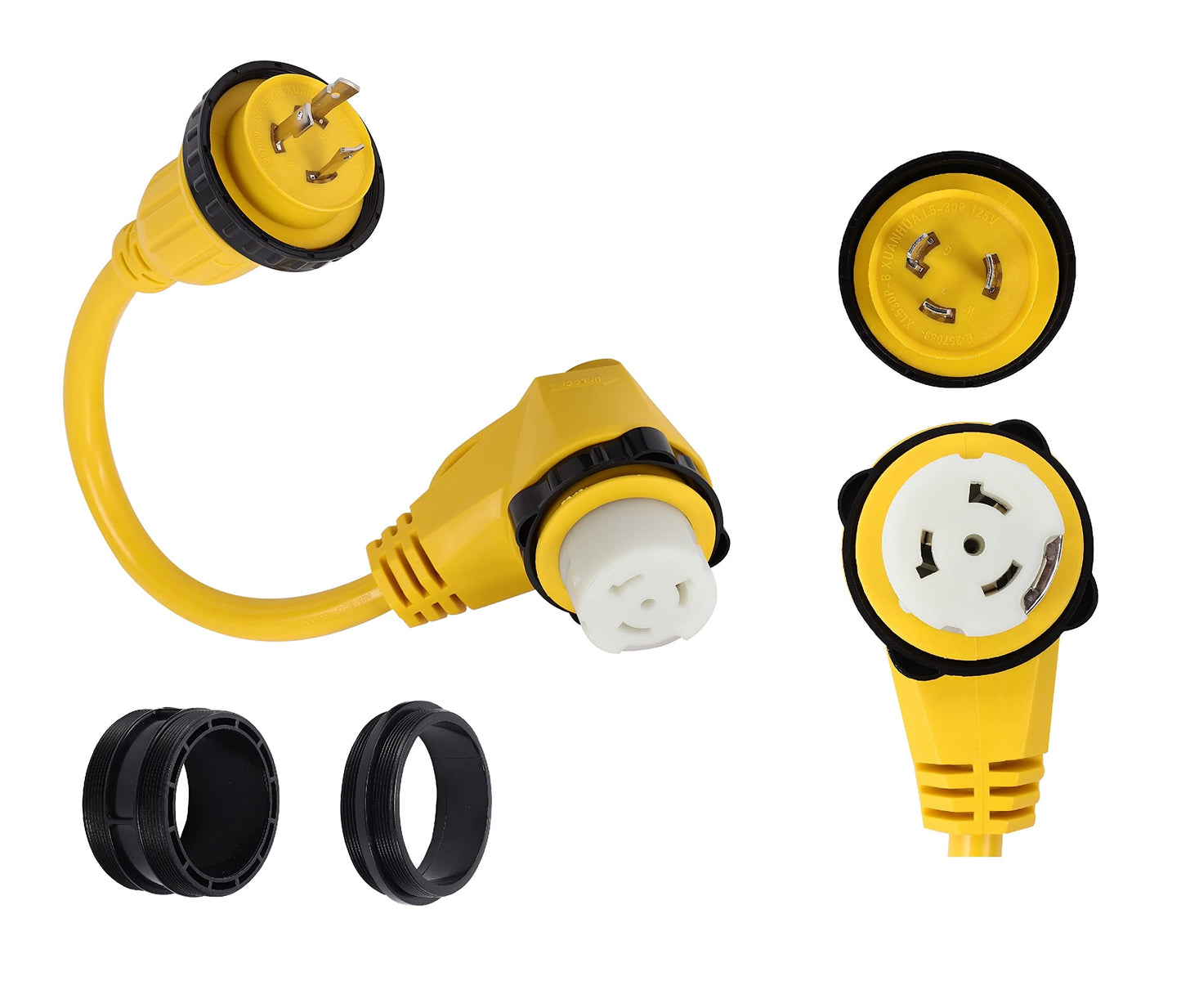 ONETAK L5-30P to SS2-50R 1.5FT Right Angle 90 Degree 120V 30 Amp 3 Prong Male to 4 Prong Twist Lock Receptacle Generator RV Marine Shore Boat Power Cord Adapter