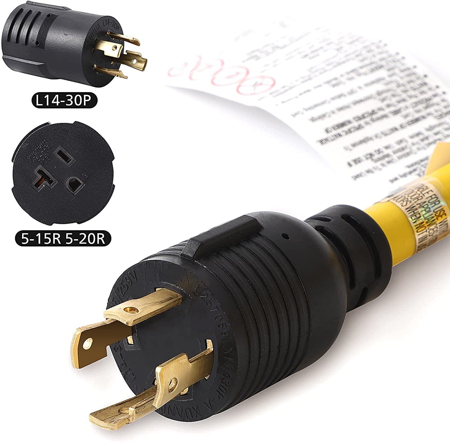 100 Feet 10AWG SJTW L14-30P to L14-30R 125/250V 30Amp Twist Lock 4 Prong Male Plug Female Receptacle Generator RV EV Dryer Welder Extension Cord with L14-30P to 5-15R 5-20R Adapter Cable Organizer