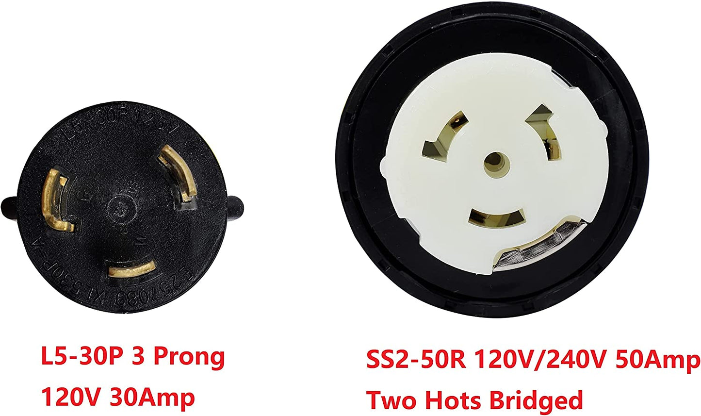 ONETAK NEMA L5-30P to SS2-50R Twist Lock 10 AWG 120V/240V Two Hots Bridged 30 Amp 4 Prong Male Plug Female Receptacle RV Generator Marine Shore Power Cord Adapter
