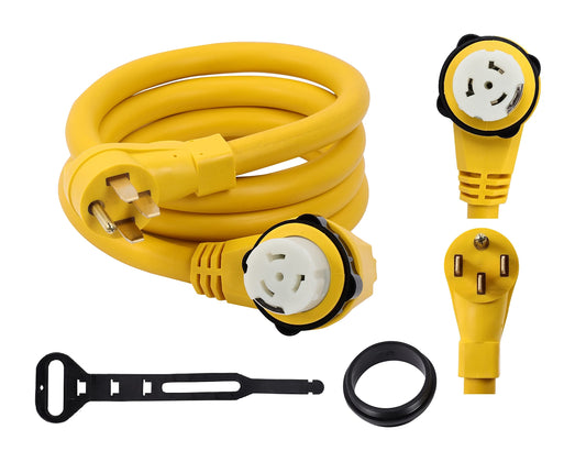 ONETAK 14-50P to SS2-50R 12FT Right Angle 90 Degree 120V/240 50 Amp 4 Prong Male to 4 Prong Twist Lock Receptacle Generator RV Marine Shore Boat Power Cord Adapter
