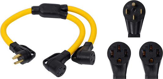 NEMA 14-50P to 2 Outlet 14-50R Y Splitter STW 6 AWG 3 Feet 120V/240V 50 Amp 4 Prong Male Plug Female Receptacle Welder Welding Dryer Power Cord Adapter Connector