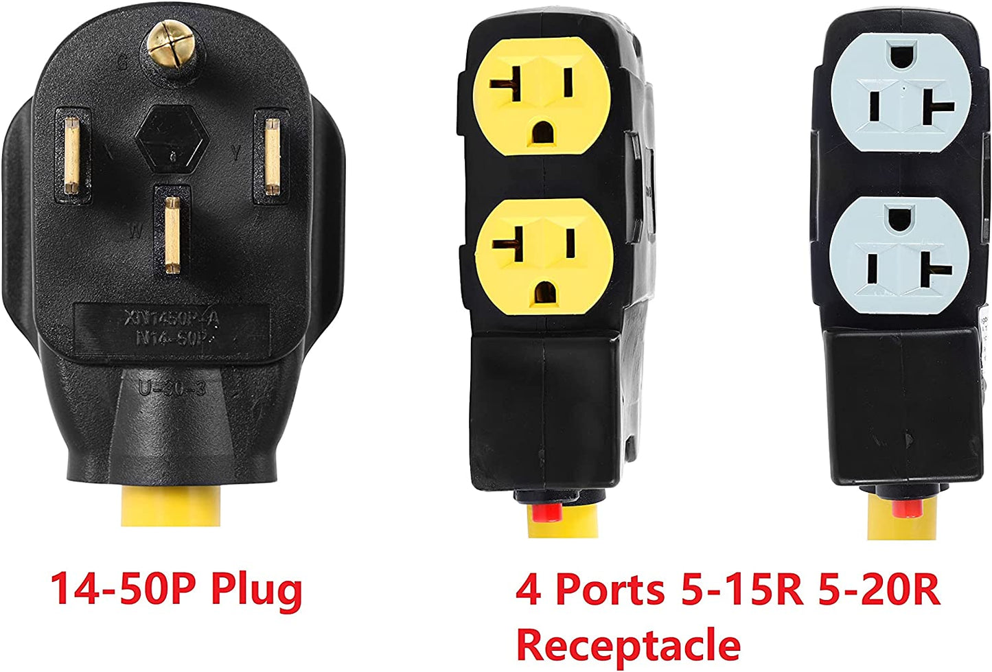 NEMA 14-50P to 4 Outlet Port 5-15R 5-20R 1.5 FT 10 AWG W/Current Protector 120/240V 50 Amp to 120V 20 Amp Home Appliance 4 Prong to 3 Prong Female Receptacle RV Generator Power Cord Adapter