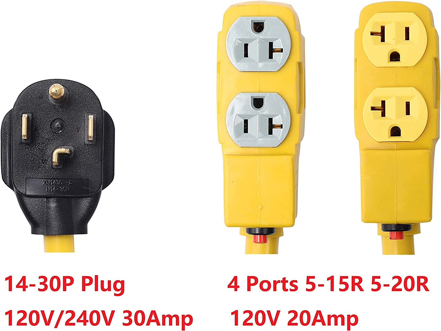 NEMA 14-30P to 4 outlet Port 5-15R 5-20R 1.5 FT 10 AWG W/Current Protector 120/240V 30 Amp 4 Prong Male Plug to 120V 20 Amp Home Appliance 3 Prong Female Receptacle RV Generator Power Cord Adapter