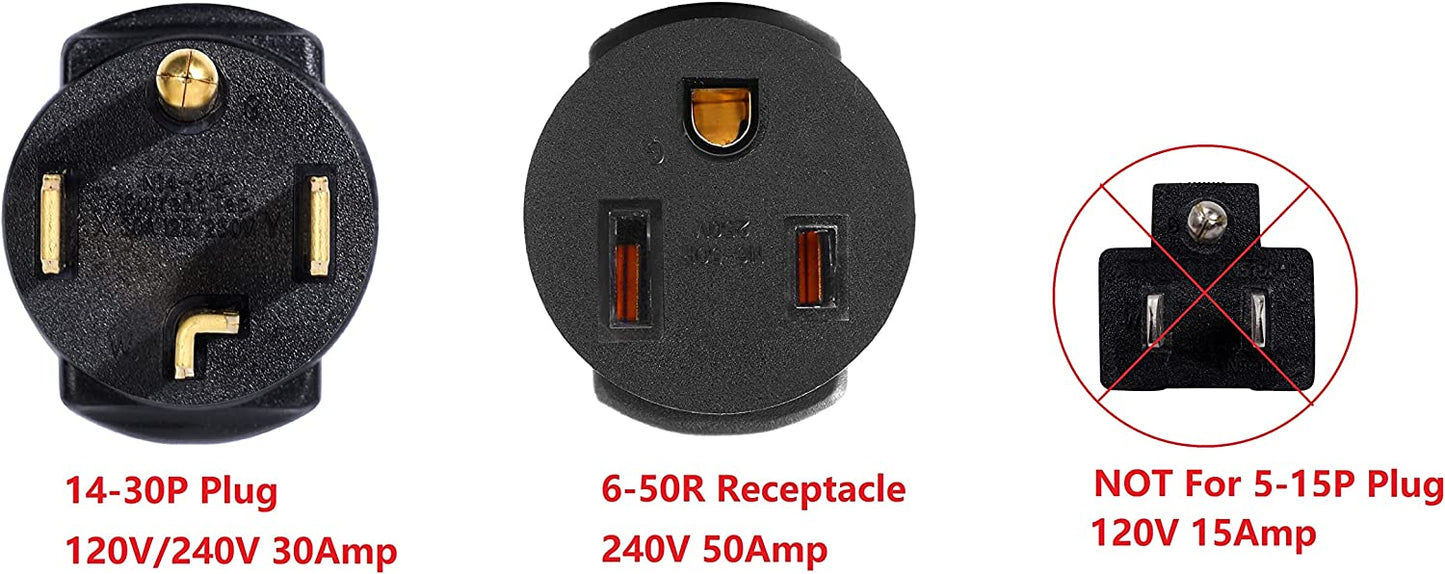 ONETAK NEMA 14-30P to 6-50R Compact 240V 30 Amp 4 Prong Male Plug to 50 Amp 3 Prong Female Receptacle Generator Welder Dryer EV Charger Power Cord Adapter Connector