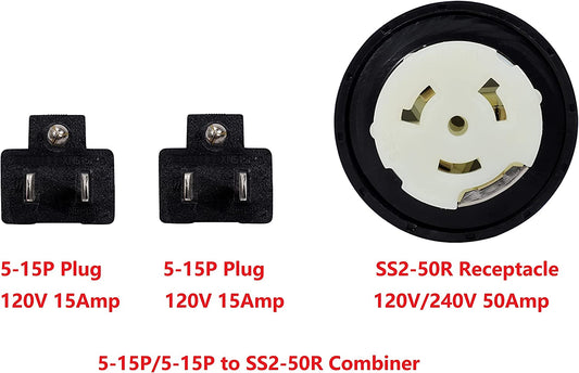 ONETAK NEMA 2 Port 5-15P 120V 15 Amp 3 Prong Plug Male to SS2-50R 120/240V 50Amp 4 Prong Female Receptacle Y Combiner STW 3 Feet Welder Dryer Power Cord Adapter Connector