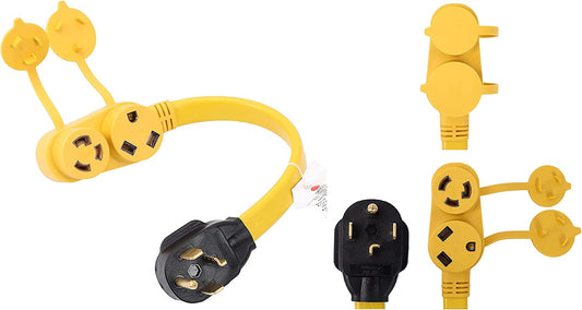 NEMA 14-30P to L5-30R/TT-30R Splitter 2 Outlet 120V 30 Amp 1.5 FT 10 AWG 4 Prong Male Plug to 3 Prong Twist Lock Female Receptacle RV Generator Power Cord Adapter