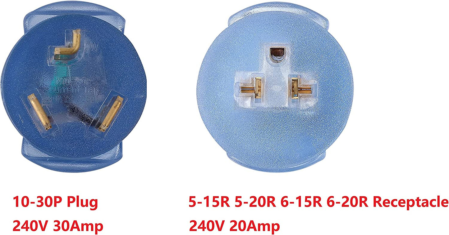 ONETAK NEMA 10-30P to 6-15R 6-20R Compact 240V 30 Amp 3 Prong Male Plug to 240V 20 Amp 3 Prong Female Receptacle Generator Welder Dryer EV Charger Power Cord Adapter Connector
