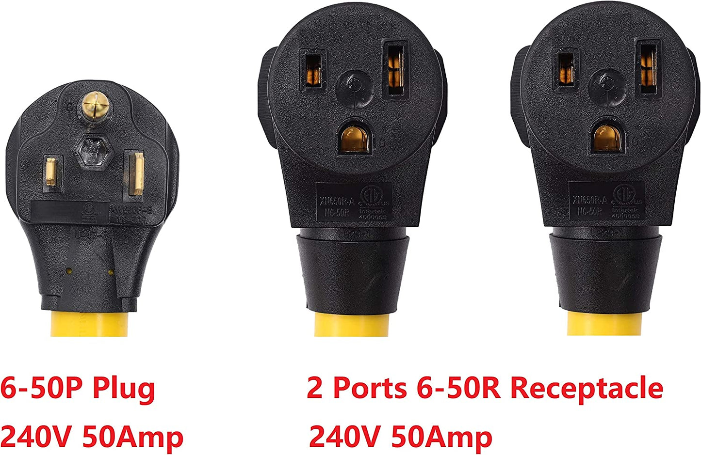 NEMA 6-50P to 2 Outlet 6-50R Y Splitter STW 6 AWG 3 Feet 240V 50 Amp 3 Prong Male Plug Female Receptacle Welder EV Charger Dryer RV Power Cord Adapter
