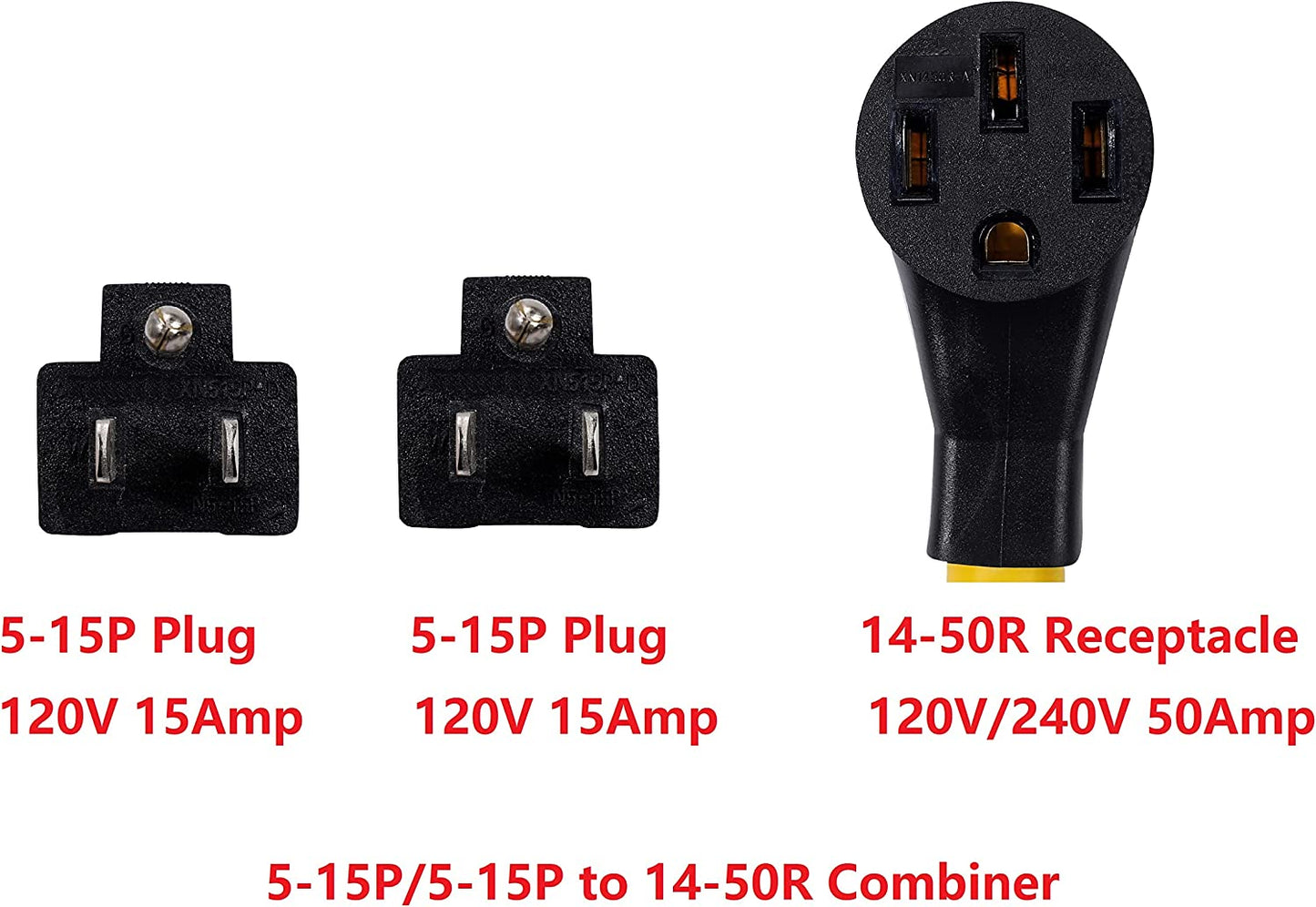 ONETAK NEMA 2 Port 5-15P 120V 15 Amp 3 Prong Plug Male to 14-50R 120/240V 30Amp 4 Prong Female Receptacle Y Combiner STW 3 Feet Welder Dryer Power Cord Adapter Connector