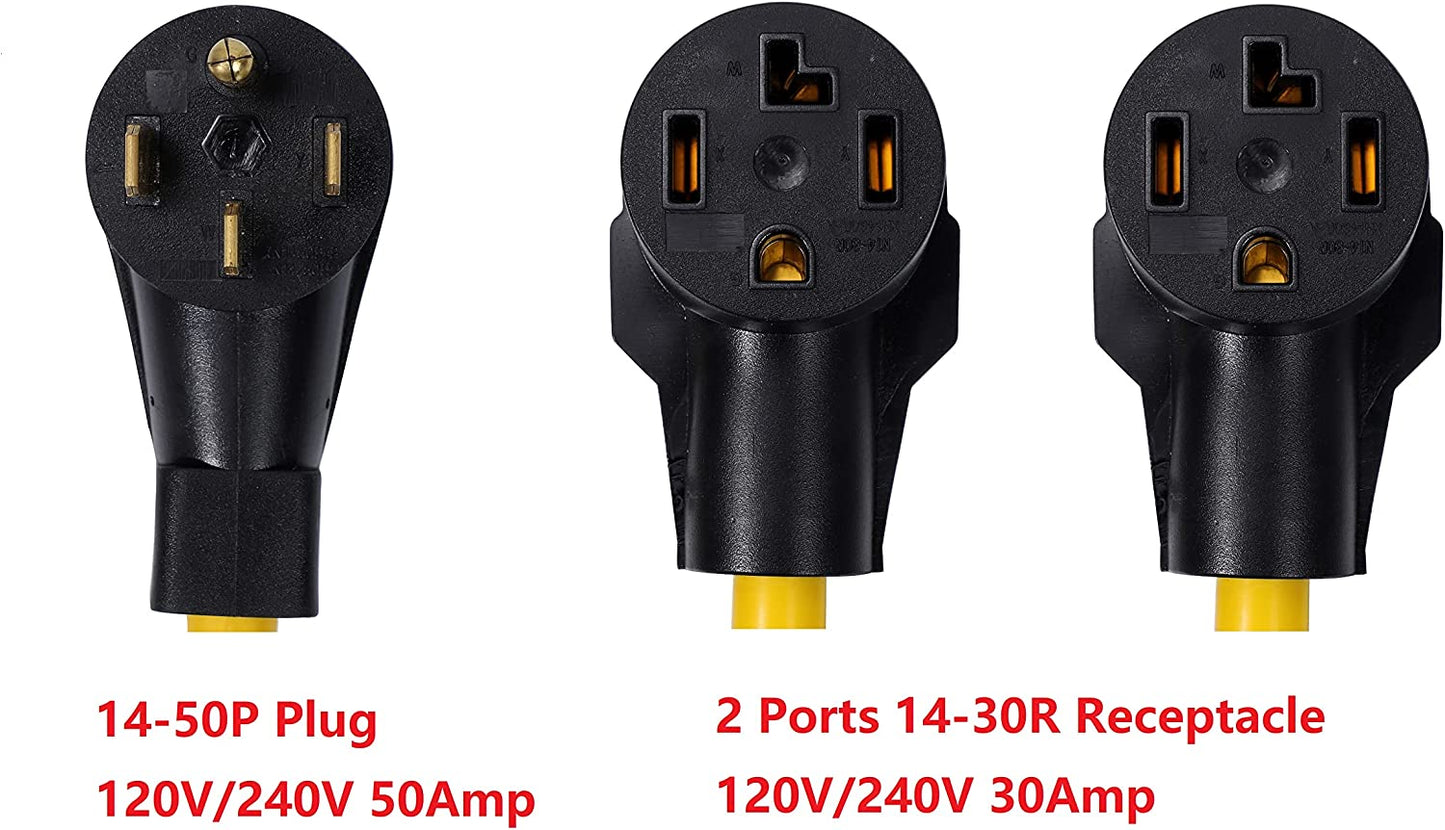 NEMA 14-50P STW 6 AWG to 2 Outlet 14-30R STW 10 AWG Y Splitter 3 Feet 120V/240V 4 Prong Male Plug Female Receptacle Welder Welding Dryer Power Cord Adapter Connector
