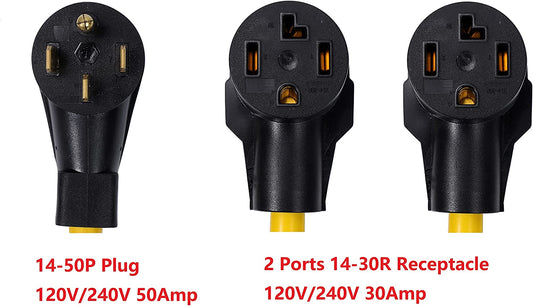 NEMA 14-50P STW 6 AWG to 2 Outlet 14-30R STW 10 AWG Y Splitter 3 Feet 120V/240V 4 Prong Male Plug Female Receptacle Welder Welding Dryer Power Cord Adapter Connector