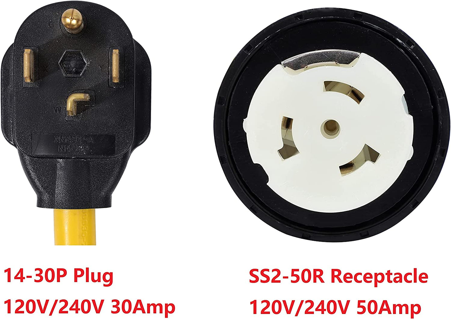 ONETAK NEMA 14-30P to SS2-50R 10 AWG 120V/240V 30 Amp 4 Prong Male Plug Female Receptacle RV Generator Marine Shore Power Cord Adapter