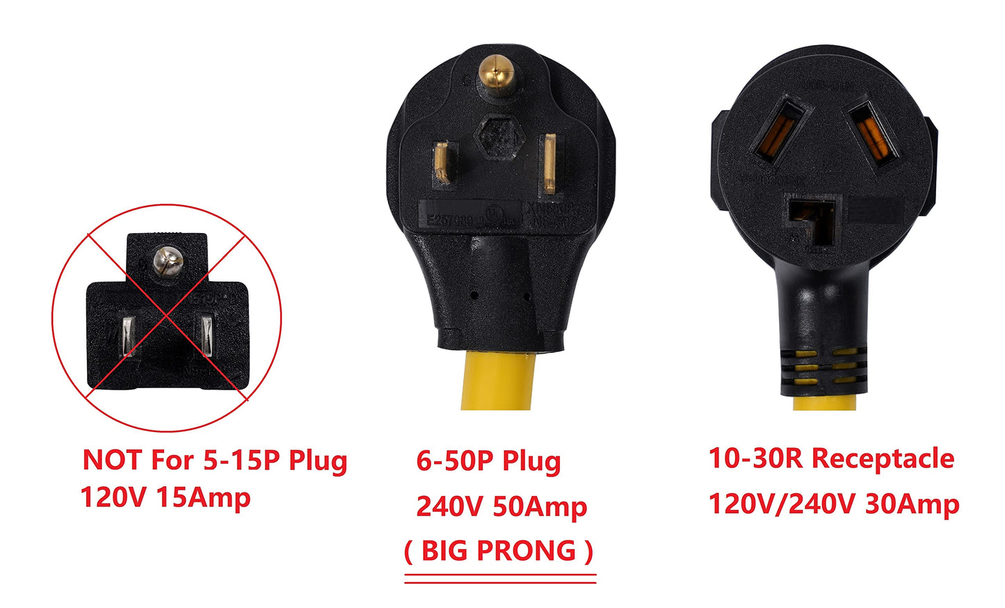 ONETAK NEMA 6-50P to 10-30R 240V 30 Amp 3 Prong Male Plug to 3 Prong Female Outlet Receptacle Generator Welder Dryer Power Cord Adapter
