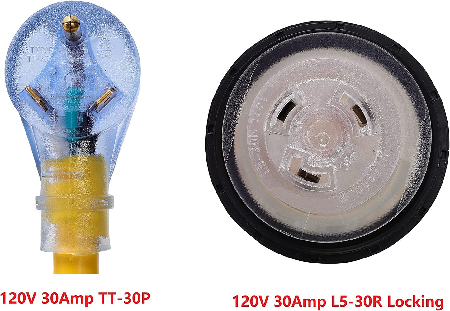 ONETAK TT-30P to L5-30R 15 Feet W/5-15P to TT-30R Adapater Combo Kit 120V 30 Amp 3 Prong Male Plug to 30 Amp 3 Prong Marine Shore RV Camper Travel Trailer Car Power Cord Connector Adapter
