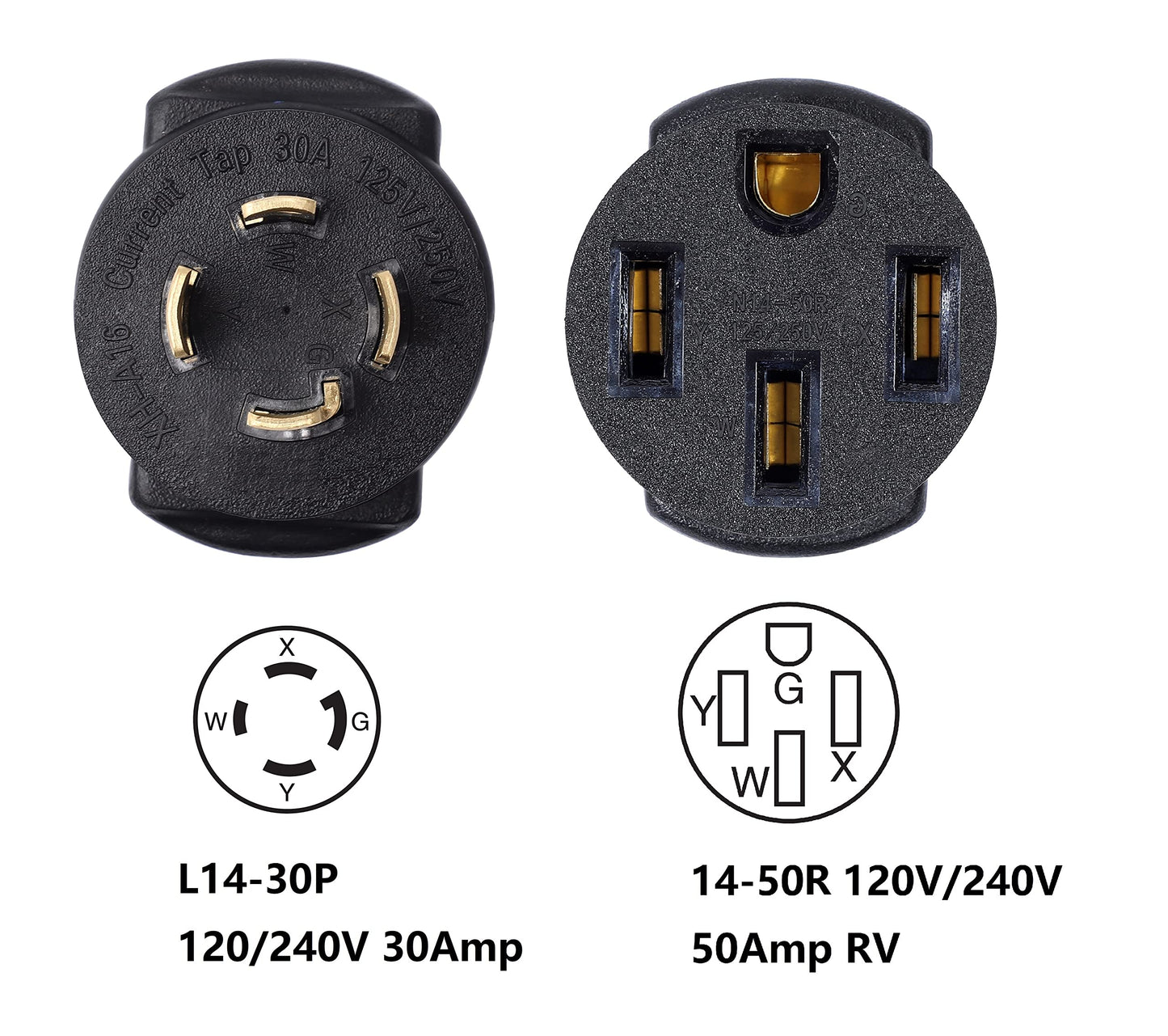 ONETAK NEMA L14-30P to 14-50R 120V/240V Compact 30 Amp Twist Lock 4 Prong Male Plug to 50 Amp 4 Prong Female Receptacle Generator RV Welder Dryer EV Charger Power Cord Adapter Connector